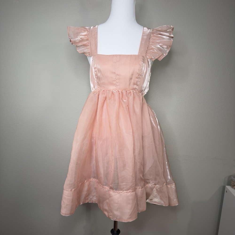 Altard State Tulle Mini Party Dress Ruffle Cap Flare Babydoll Open Back Bow Puff
